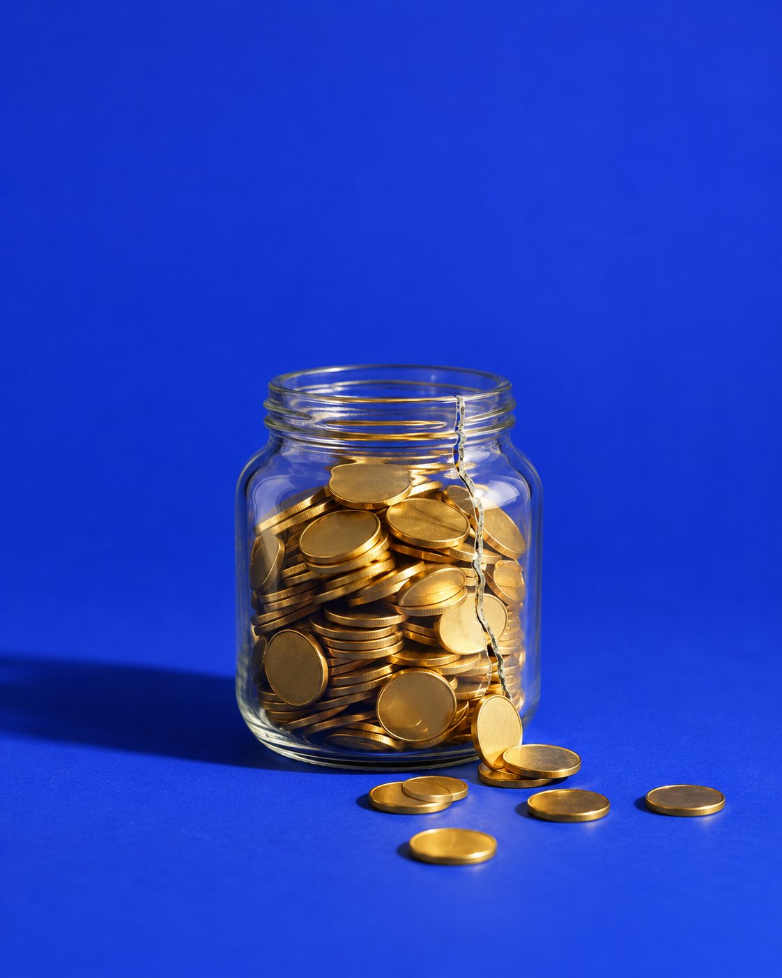 A cracked glass jar of coins, with coins slipping out through the crack