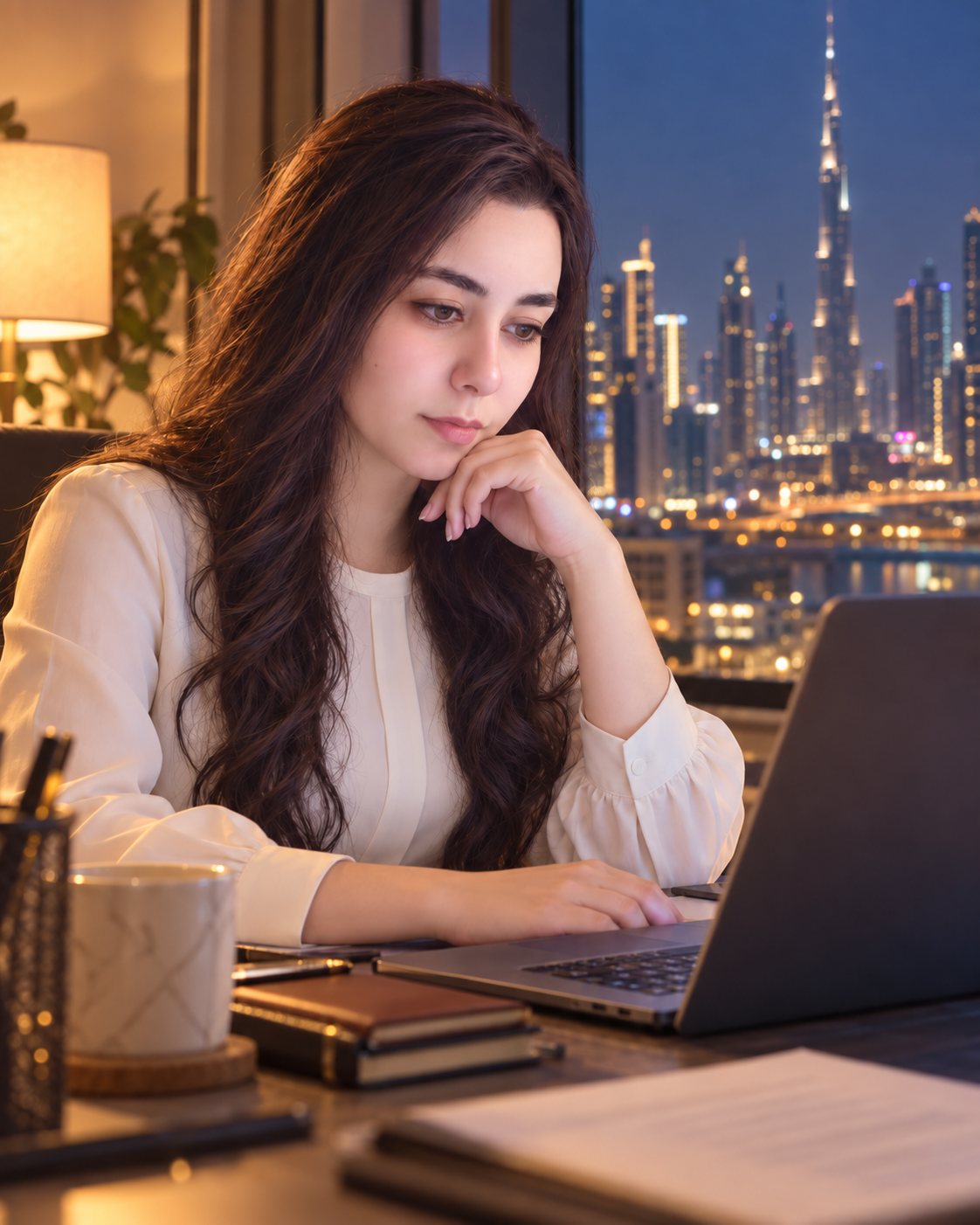 Asma Adel Farag reading at her laptop in the evening