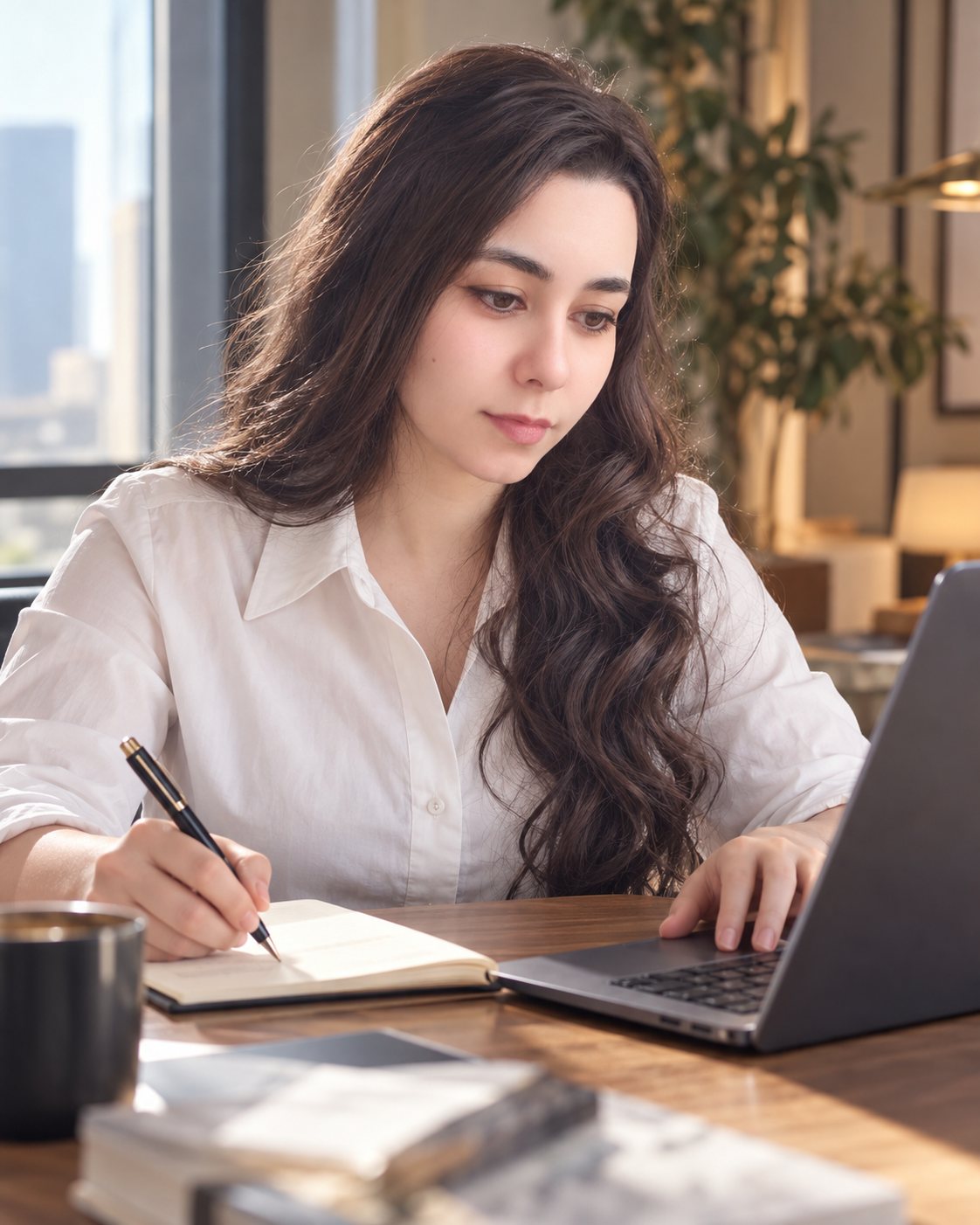 Asma Adel Farag writing notes beside her laptop