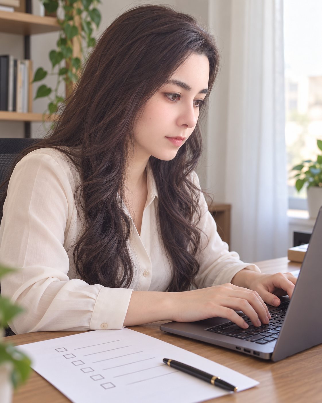 Asma Adel Farag at her laptop, with a printed checklist and a pen